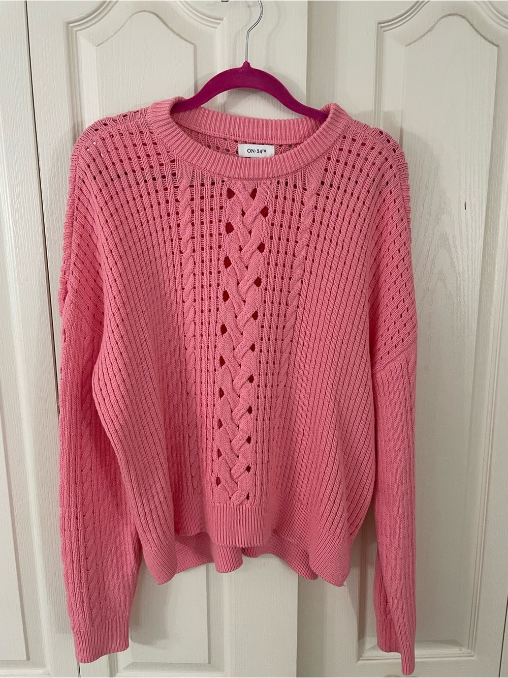 Pink Cable Knit Crewneck Sweater